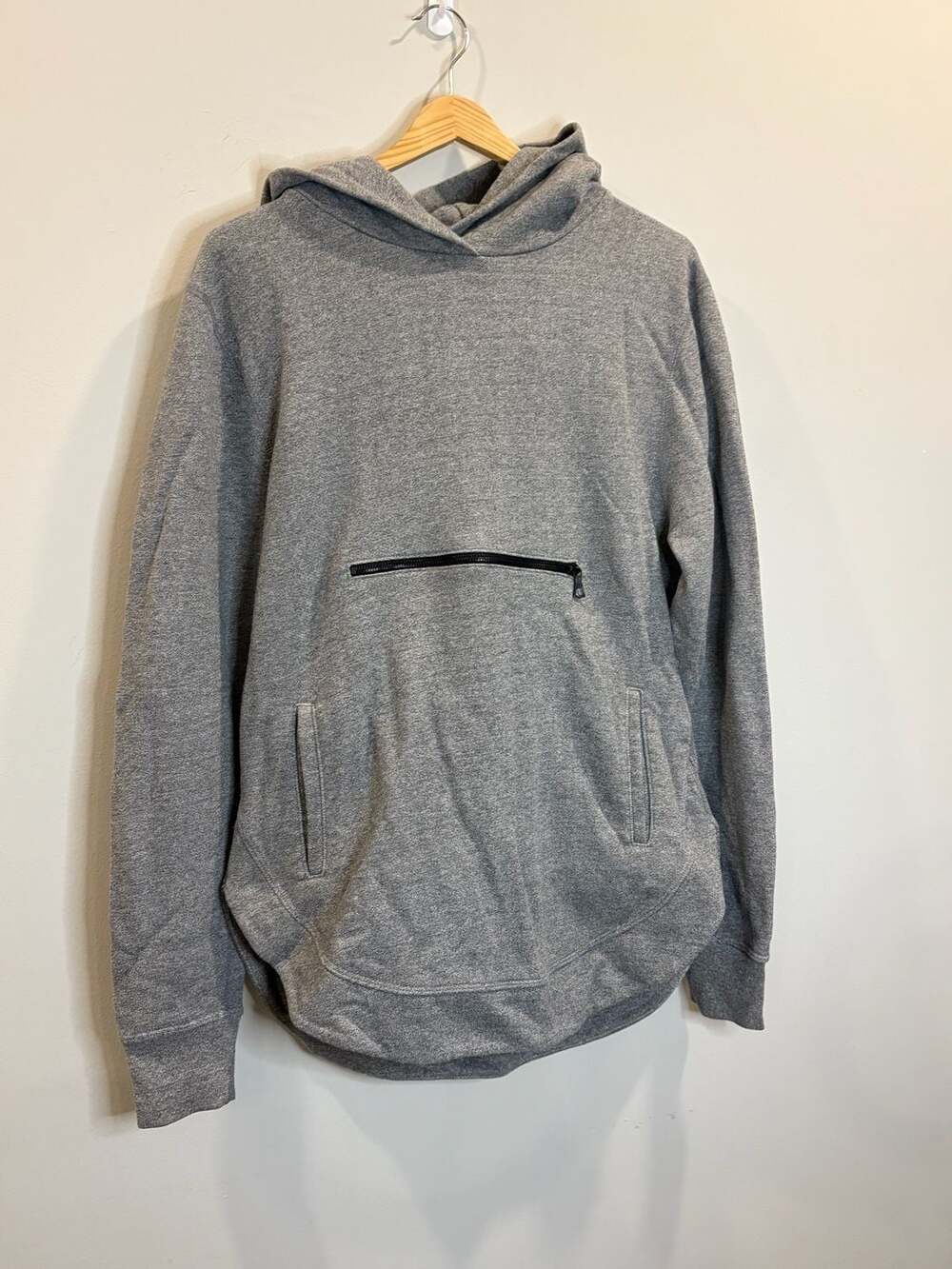 John Elliott + Co Gray Heather Hoodie Sweatshirt with Zipper Pocket and Curved H